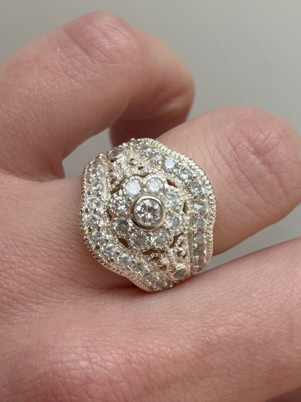 Sterling Silver Art Deco Style Vintage Diamonique CZ Statement Cocktail Ring
